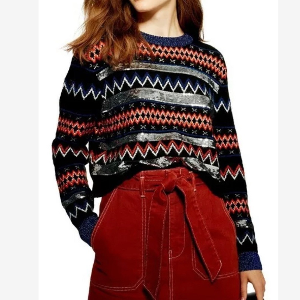 TopShop Sequin Stripe Fair Isle Jumper Sweater 6 - Picture 2 of 4